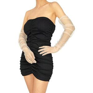 Women's Blush Sheer Tulle Long Mesh Pleated Sleeve Gloves Party Accessories